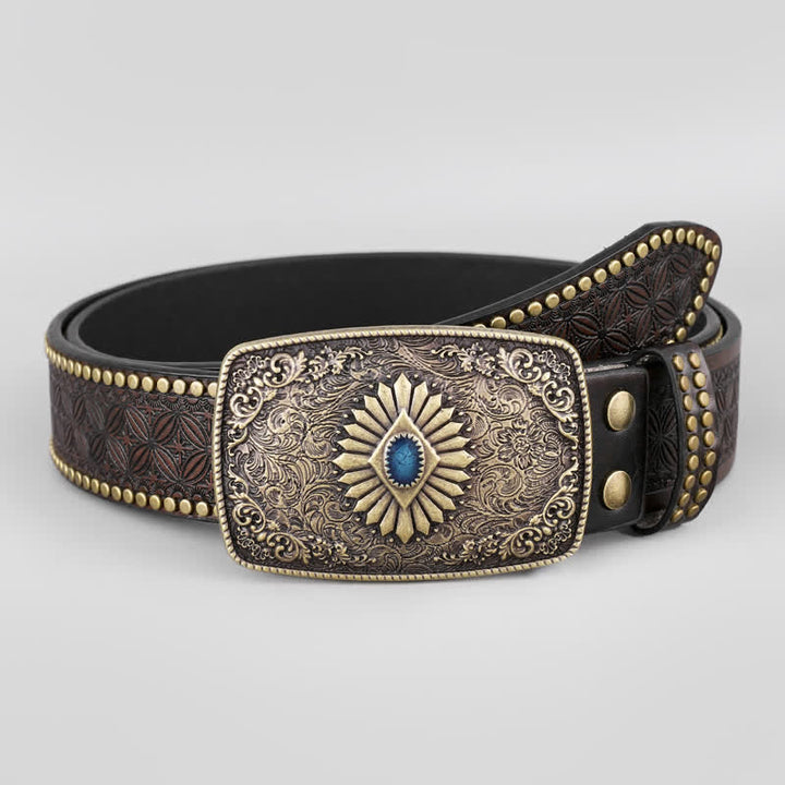 Cinturón de cuero con grabado de flores retro para hombre