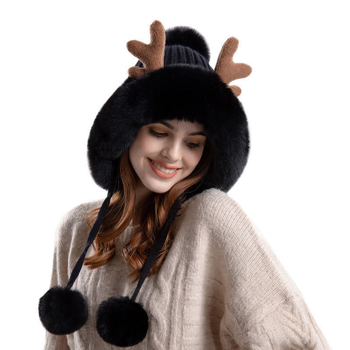 Gorro de punto con pompón de cuerno de ciervo para mujer