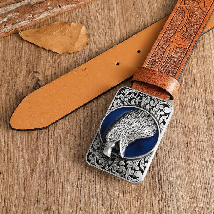 Cinturón de cuero occidental rectangular con cabeza de águila calva para hombre
