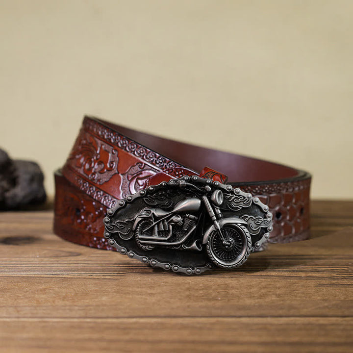 Cinturón de cuero con hebilla de motocicleta y locomotora para hombre