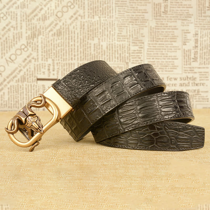 Cinturón de piel con hebilla automática y estampado de cocodrilo y cabeza de cabra para hombre