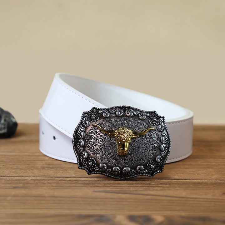 Cinturón de cuero con hebilla plateada envejecida con diseño de toro Longhorn para hombre