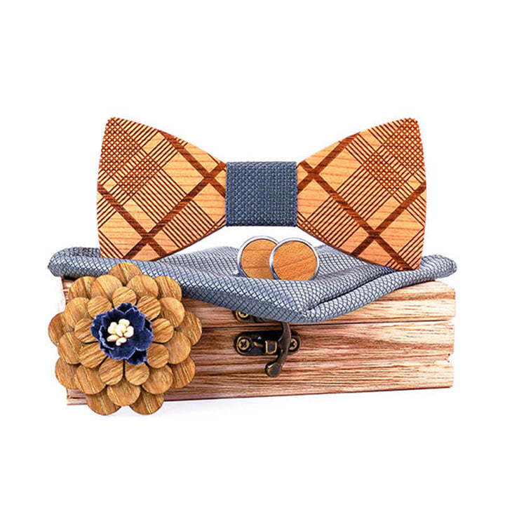 Juego de 4 pajaritas de madera talladas a cuadros para hombre.