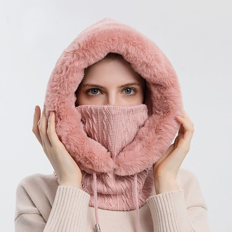 Gorro de punto con capucha y mascarilla de color caramelo para mujer