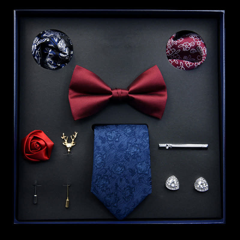Caja de regalo con 8 pajaritas clásicas de negocios para hombre en rojo y azul real