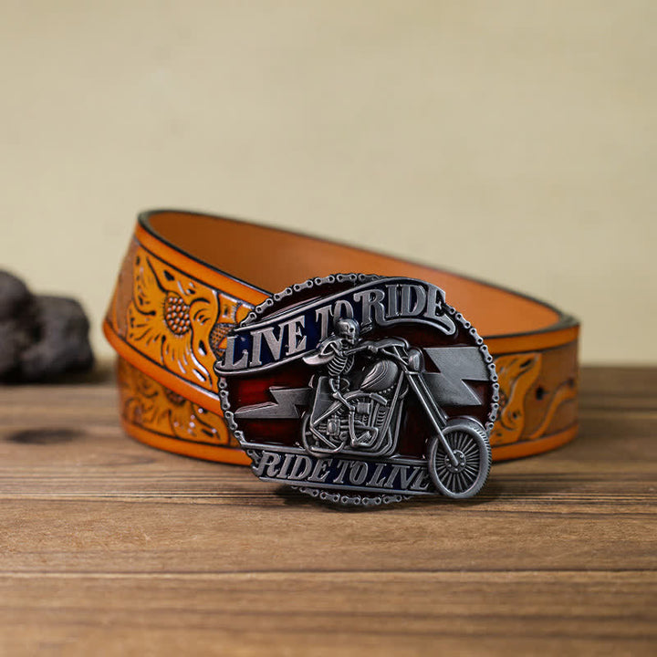 Cinturón de cuero con hebilla Live to Ride de calavera para hombre, hecho a mano