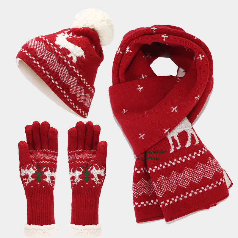 Conjunto de 3 guantes y bufanda de jacquard con diseño de reno para mujer