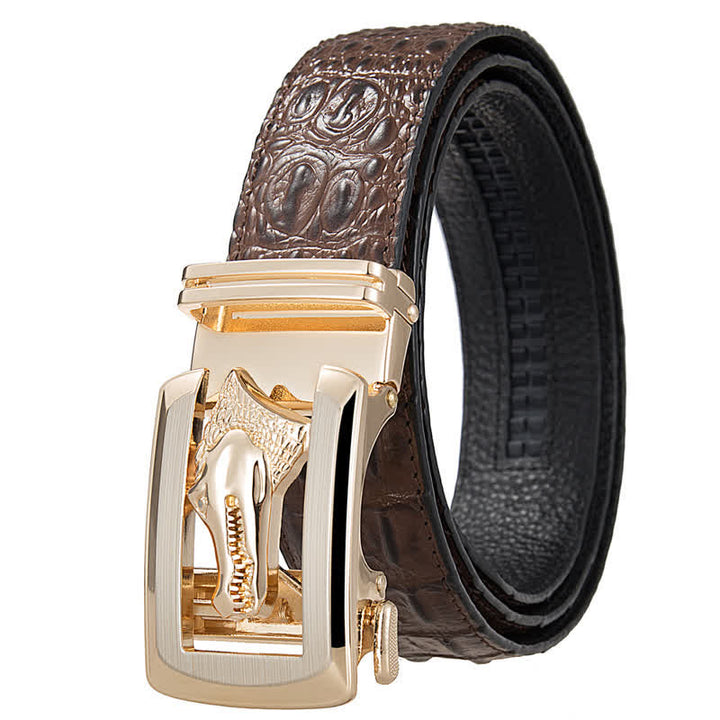 Cinturón de piel con estampado de cocodrilo y hebilla automática hueca para hombre
