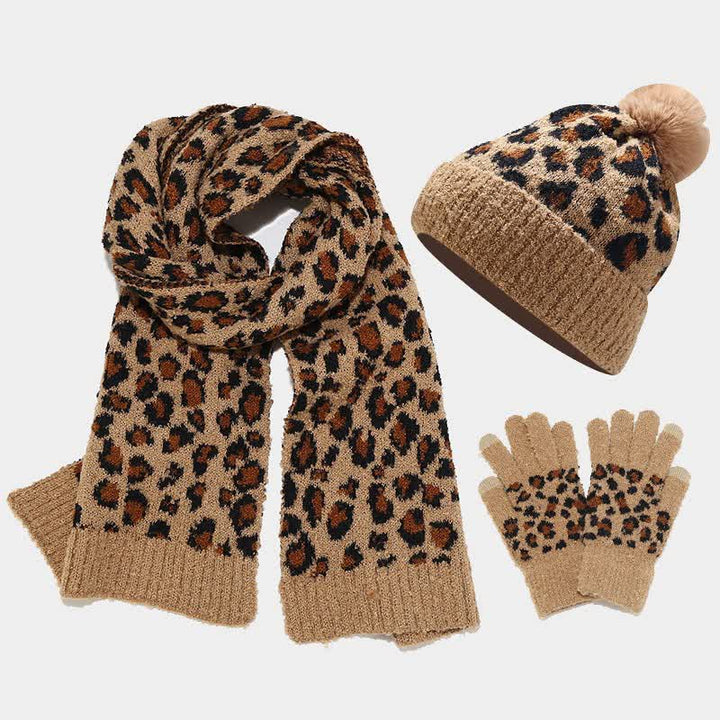 Conjunto de 3 guantes y bufanda con estampado de leopardo para mujer