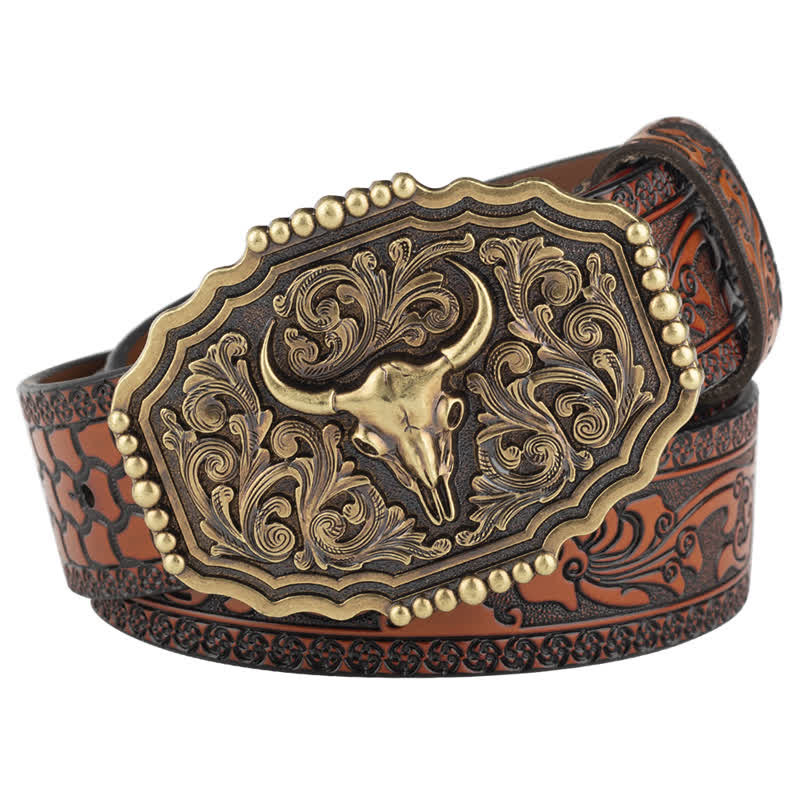 Cinturón clásico de cuero con calavera de toro y flores para hombre