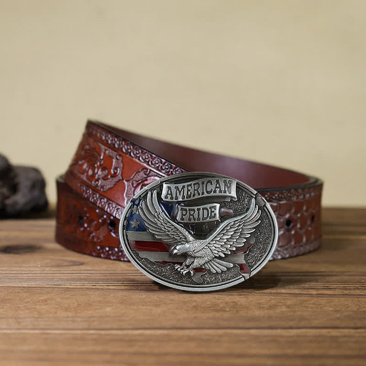 Cinturón de cuero con hebilla de águila American Pride para hombre, hecho a mano