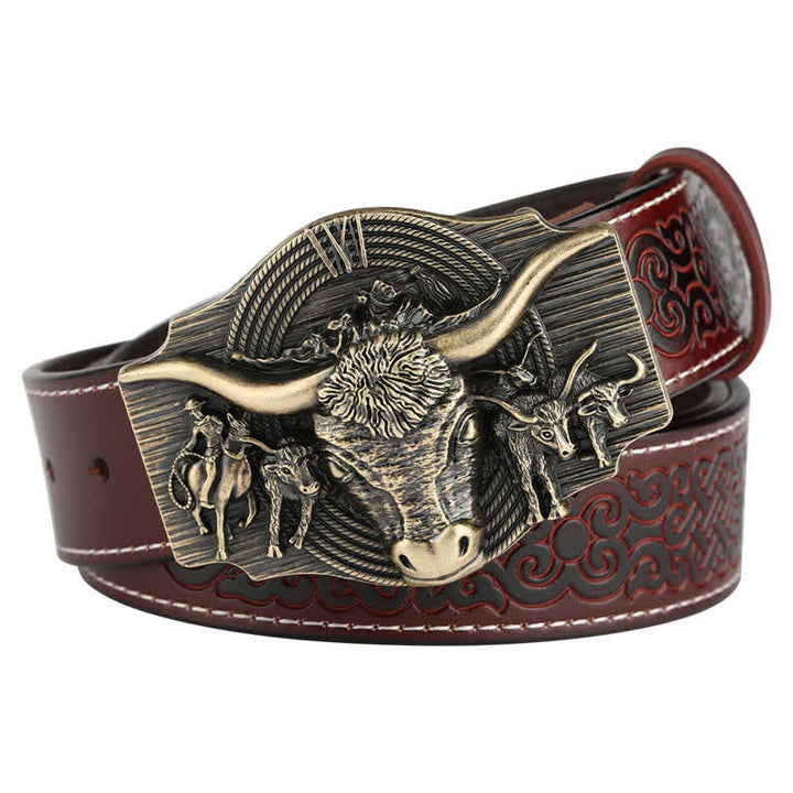 Cinturón de cuero con relieve de toro Longhorn para hombre