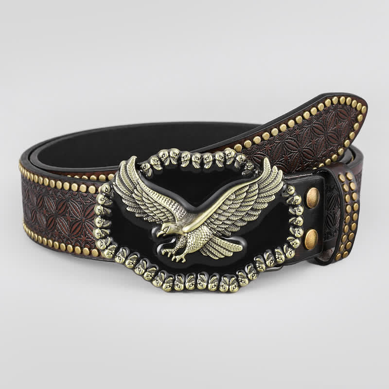 Cinturón de cuero estilo western con tachuelas y águila para hombre