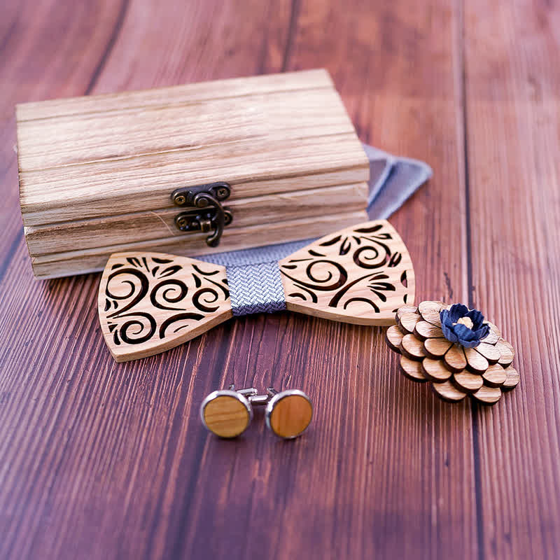 Juego de 4 pajaritas de madera con diseño de hojas huecas para hombre.