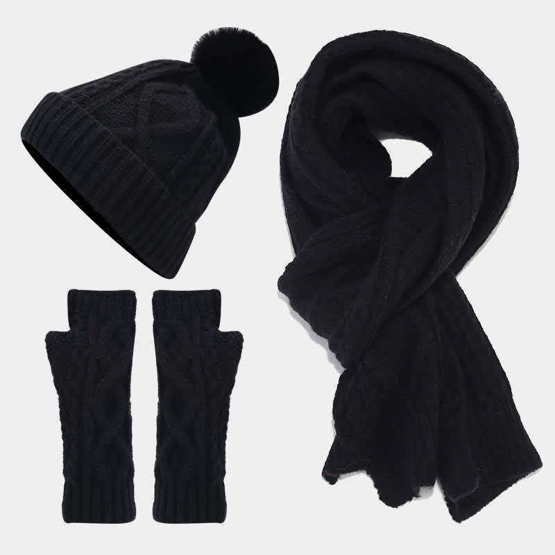 Conjunto de 3 piezas de gorro, bufanda y manoplas sin dedos de punto con cable para mujer