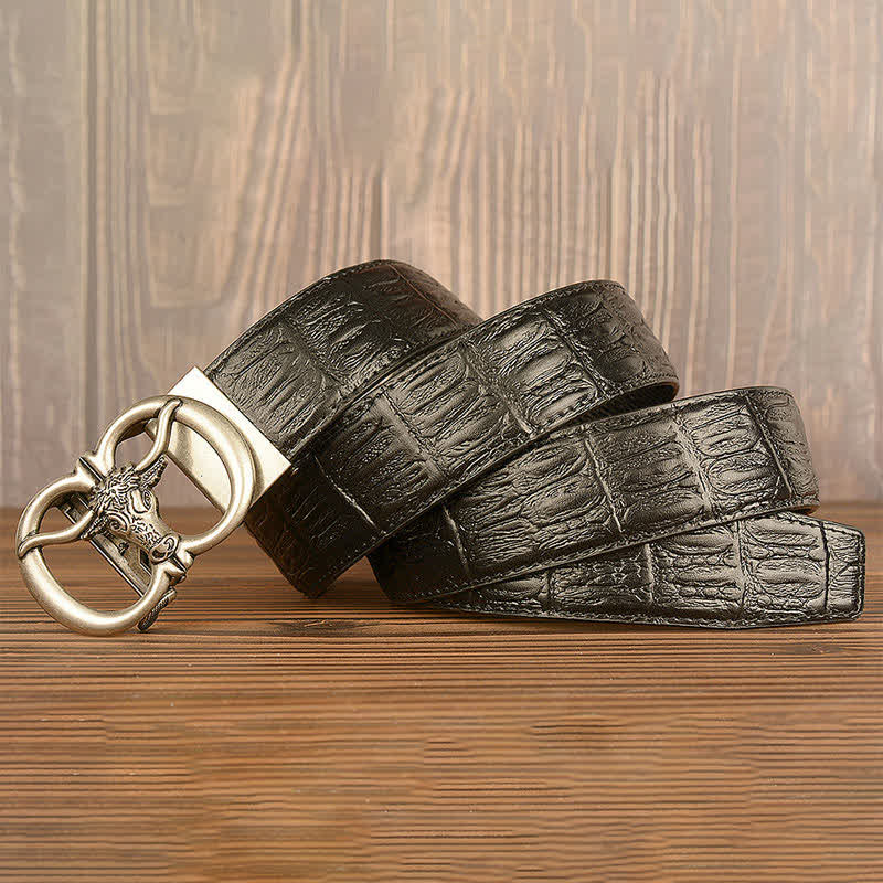 Cinturón de piel con estampado de cocodrilo y buey gigante para hombre