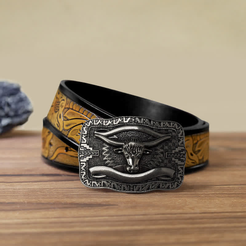 Cinturón de cuero con hebilla cuadrada de toro Longhorn para hombre, hecho a mano, en plata