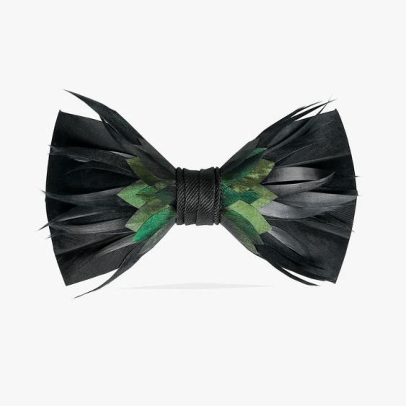 Pajarita elegante con plumas negras y verdes