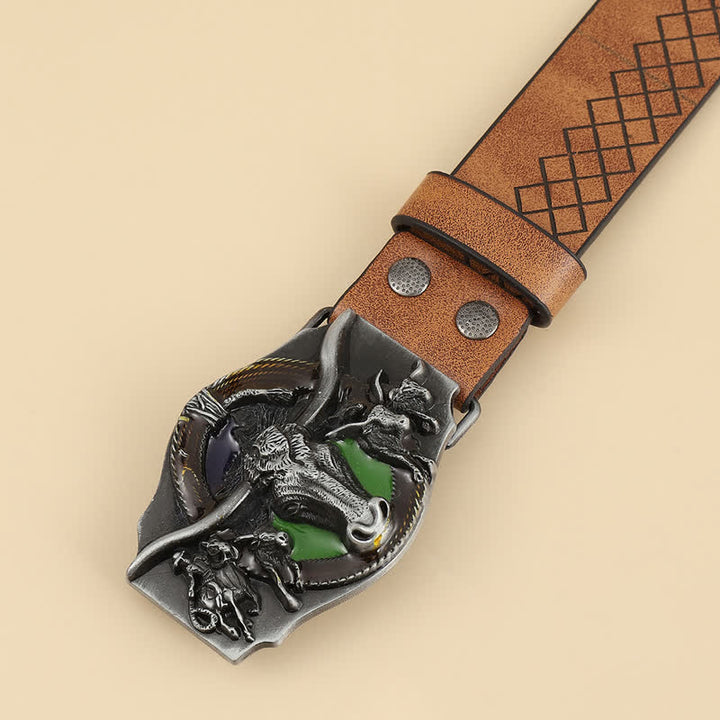 Cinturón de cuero de toro de cuernos largos tallado para hombre