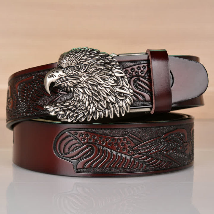 Cinturón de cuero con hebilla automática y cabeza de águila intrincada para hombre
