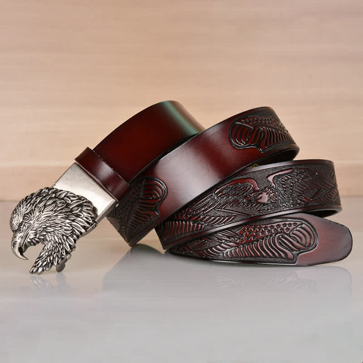 Cinturón de cuero con hebilla automática y cabeza de águila intrincada para hombre