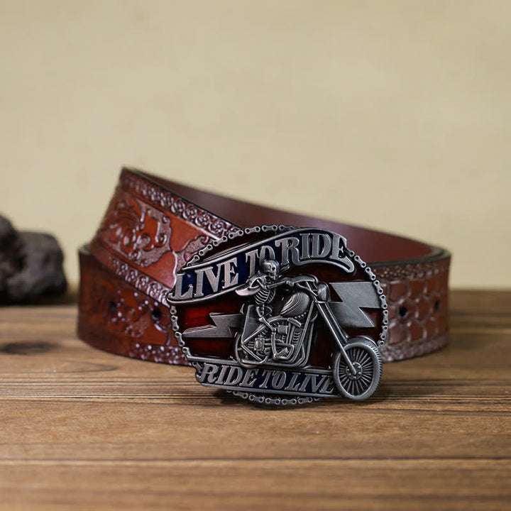 Cinturón de cuero con hebilla Live to Ride de calavera para hombre, hecho a mano