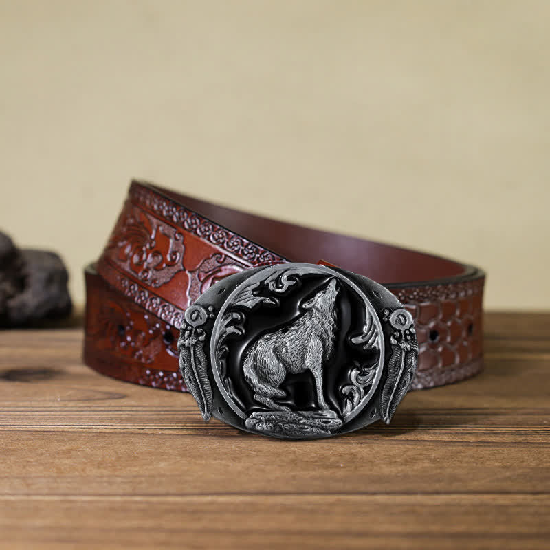 Cinturón de cuero con hebilla de lobo aullador esmaltado para hombre hecho a mano
