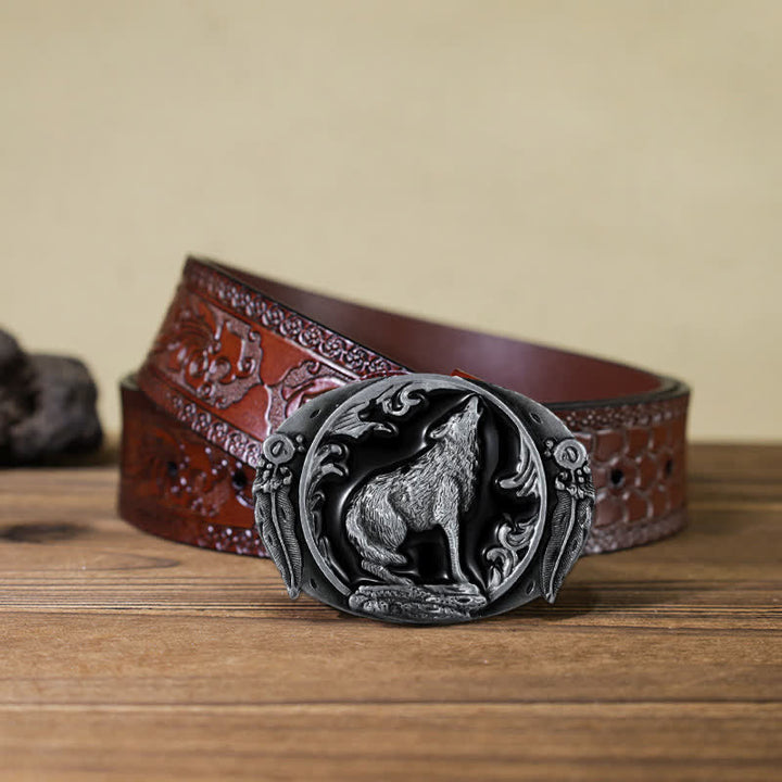 Cinturón de cuero con hebilla de lobo aullador esmaltado para hombre hecho a mano