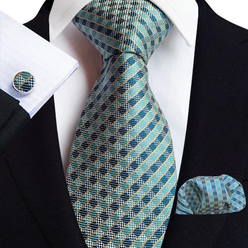 Conjunto de 3 corbatas a cuadros verde azulado de moda para hombre