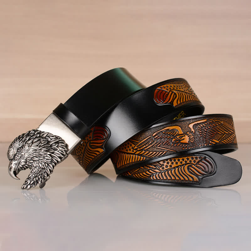 Cinturón de cuero con hebilla automática y cabeza de águila intrincada para hombre