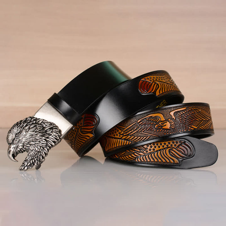 Cinturón de cuero con hebilla automática y cabeza de águila intrincada para hombre