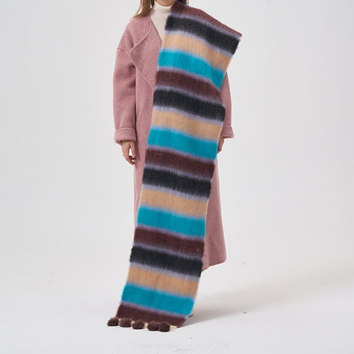 Bufanda de mujer con borlas y rayas de colores del arco iris