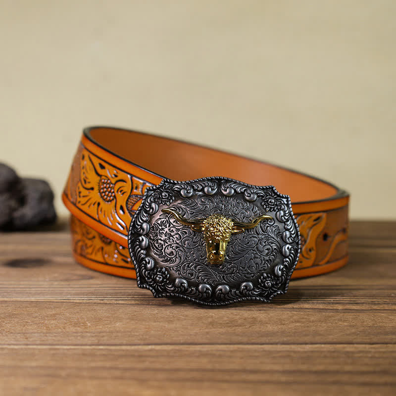 Cinturón de cuero con hebilla plateada envejecida con diseño de toro Longhorn para hombre