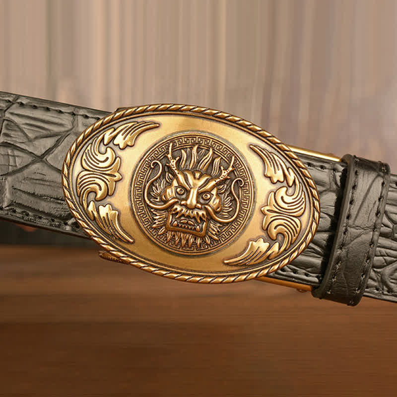 Cinturón de cuero con estampado de cocodrilo y cabeza de dragón para hombre