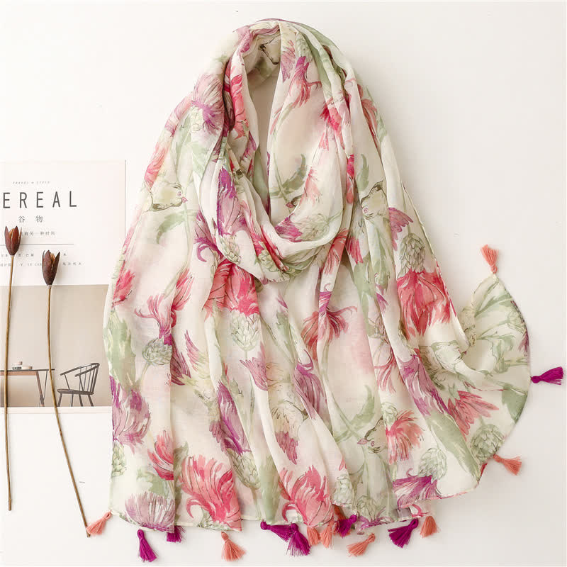 Bufanda suave con flecos de trigo y diseño floral para mujer
