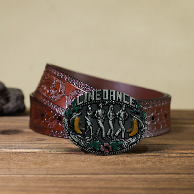 Cinturón de cuero con hebilla de baile en línea estilo western para hombre hecho a mano