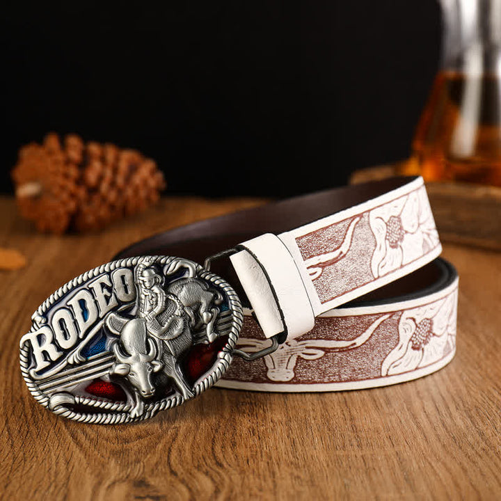 Cinturón de cuero blanco con relieve de toreo para hombre