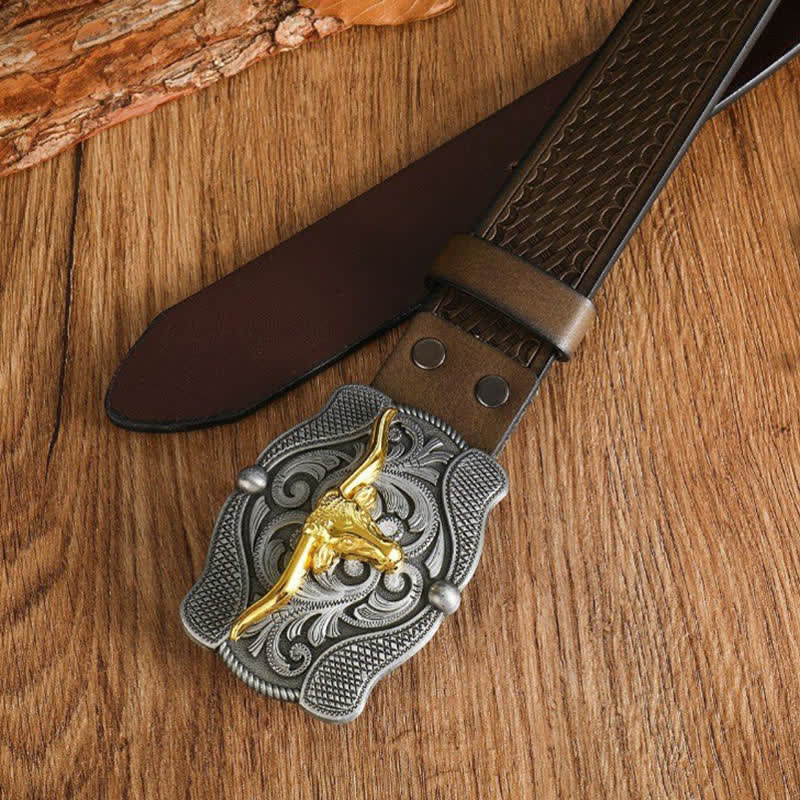 Cinturón de cuero de toro longhorn dorado cuadrado para hombre