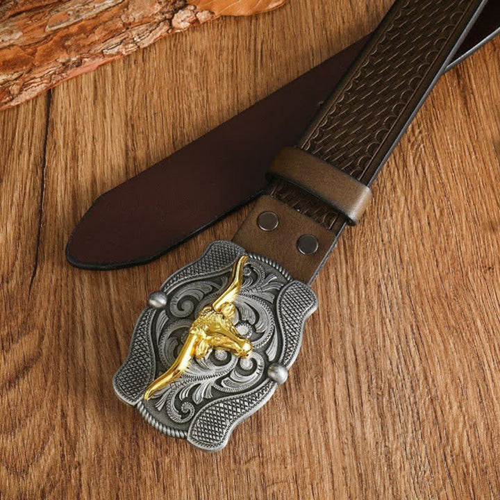 Cinturón de cuero de toro longhorn dorado cuadrado para hombre