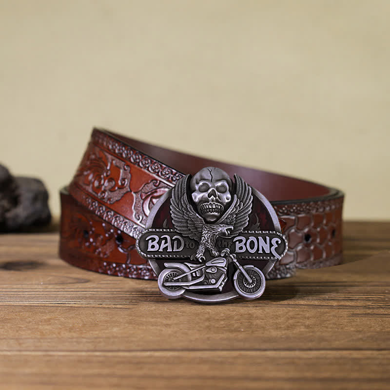 Cinturón de cuero con hebilla de calavera de águila para hombre, hecho a mano, estilo motero, Bad To The Bone