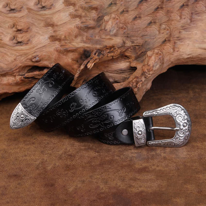 Cinturón unisex de piel con estampado de flores y textura rústica