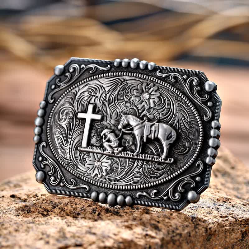 Cinturón de cuero con hebilla de oración de rodillas con cruz de caballo para hombre hecho a mano