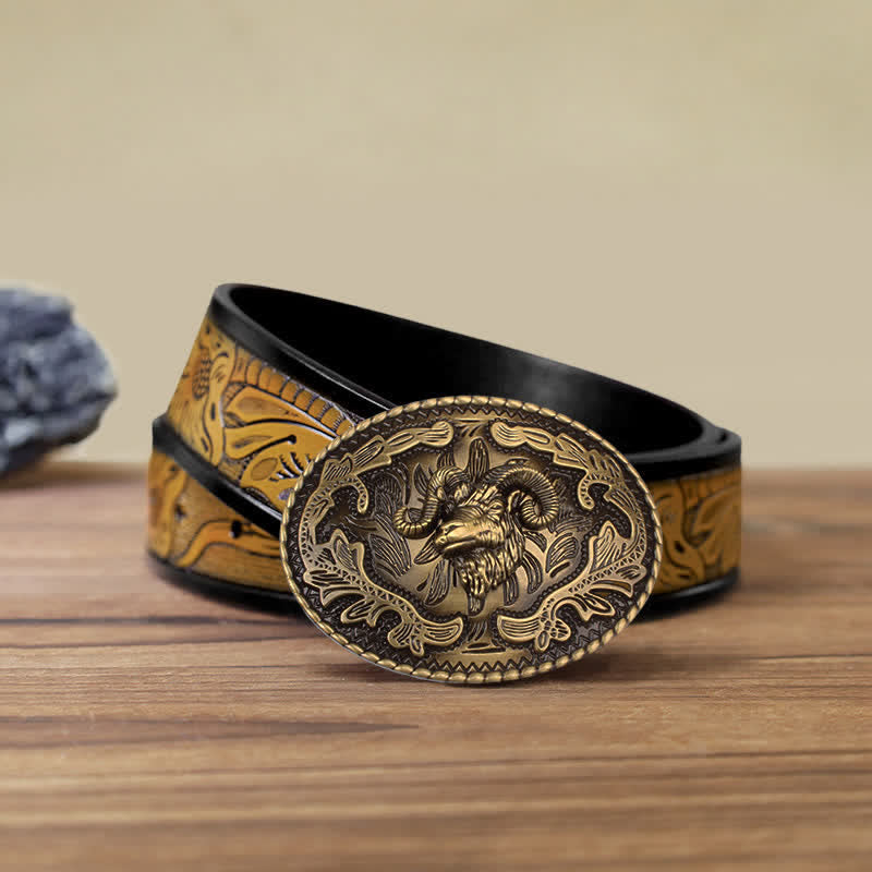 Cinturón de cuero con hebilla de cabeza de cabra salvaje de bronce para hombre hecho a mano