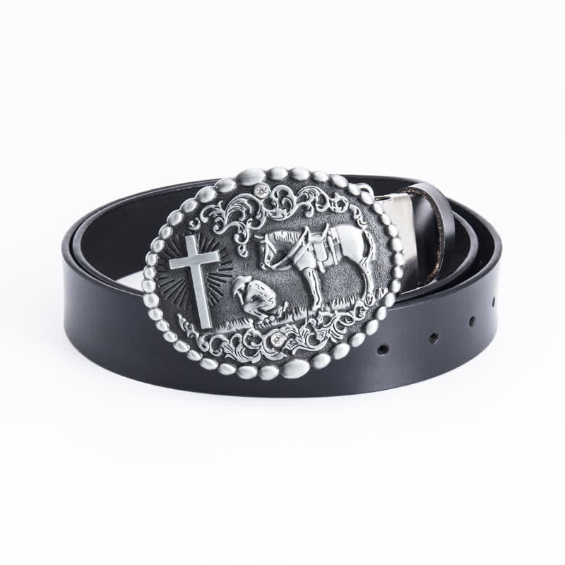Cinturón de cuero con cruz de corcel para oración arrodillada para hombre