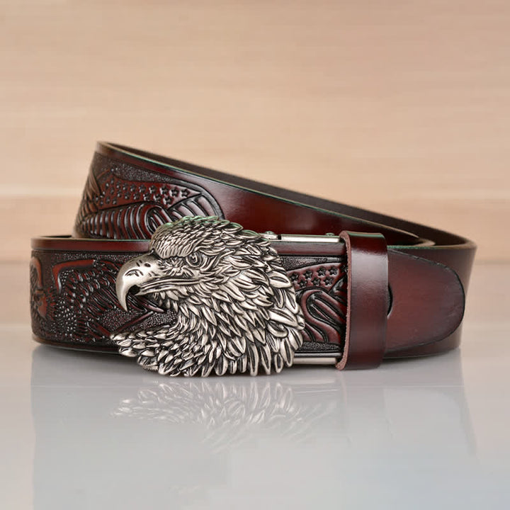 Cinturón de cuero con hebilla automática y cabeza de águila intrincada para hombre