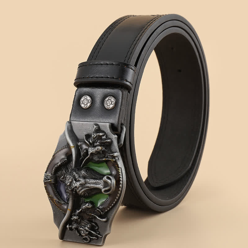 Cinturón de cuero negro con cabeza de toro dominante para hombre