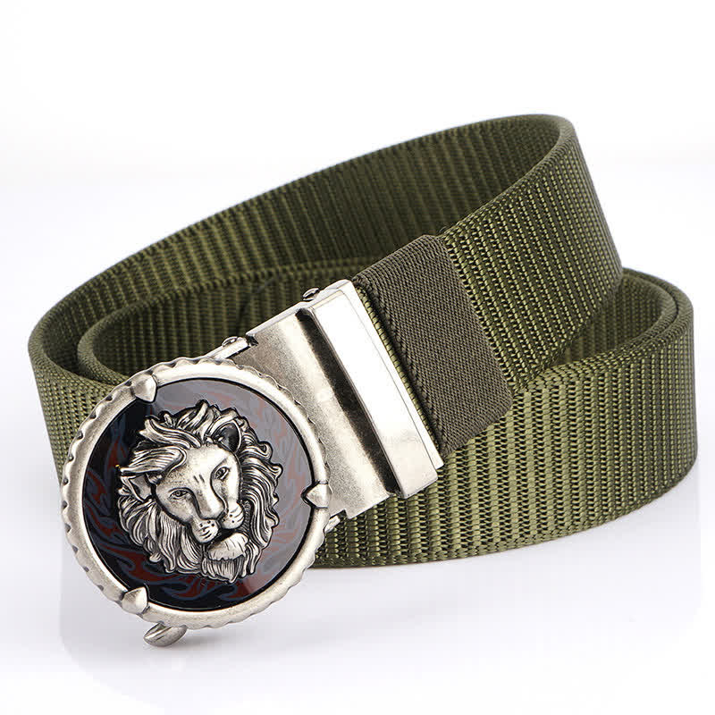 Cinturón de nailon práctico con estampado de cabeza de león para hombre - Verde militar / Plata - 48" - image 17