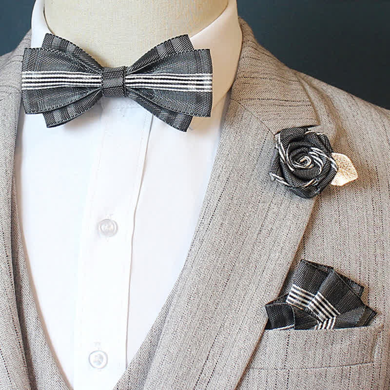 Conjunto de 3 pajaritas a cuadros con rayas horizontales para hombre