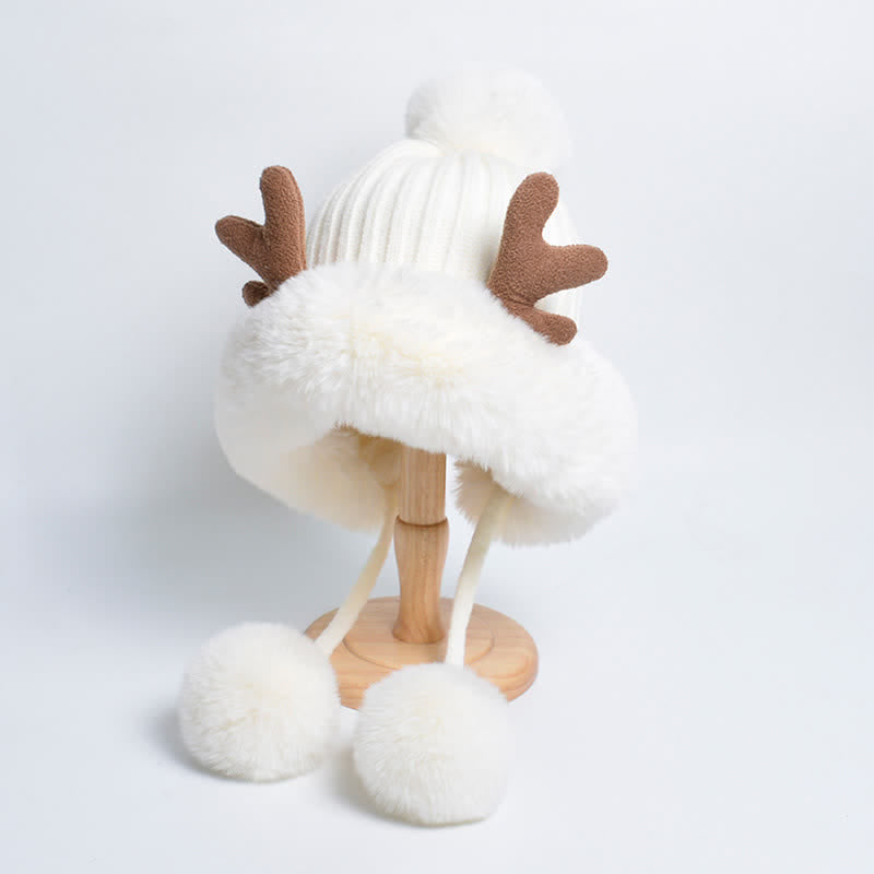 Gorro de punto con pompón de cuerno de ciervo para mujer