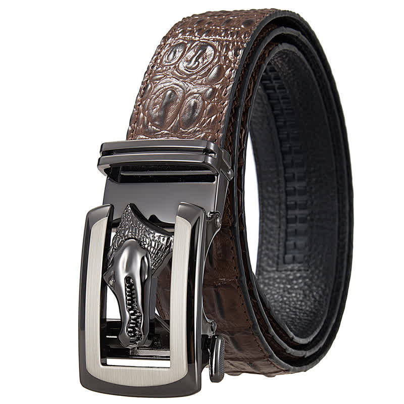 Cinturón de piel con estampado de cocodrilo y hebilla automática hueca para hombre